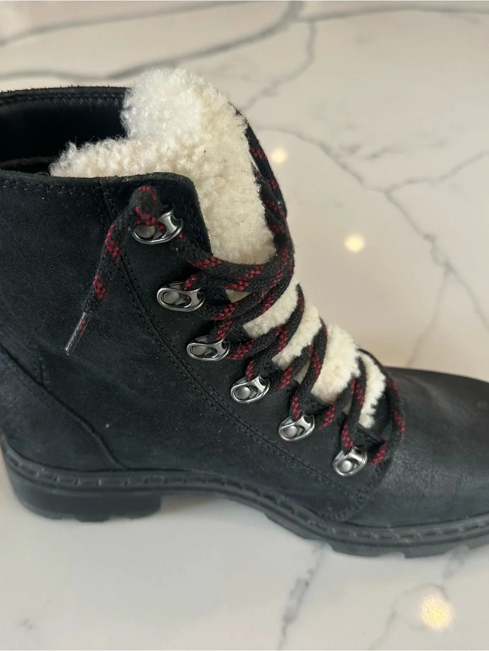 Sorel Black Boots with White Shearling and Red-Accent Laces